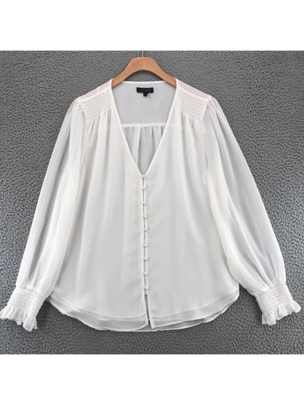 1 State Top Womens Large White Chiffon V Neck Long Poet Balloon Sleeves Blouse
